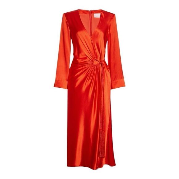 Cinq a Sept Serena 100% Silk Dress long sleeve faux wrap in red orange sz 4 NWT - Picture 2 of 14